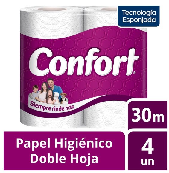 Papel Higiénico Confort Doble Hoja – 4 Rollos de 30 Metros