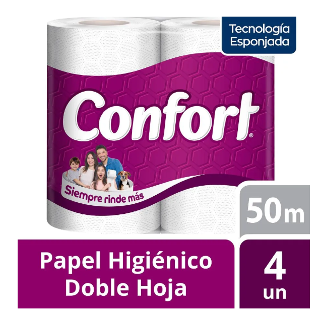 Papel Higiénico Confort Mega Doble Hoja - 4 rollos de 50 metros