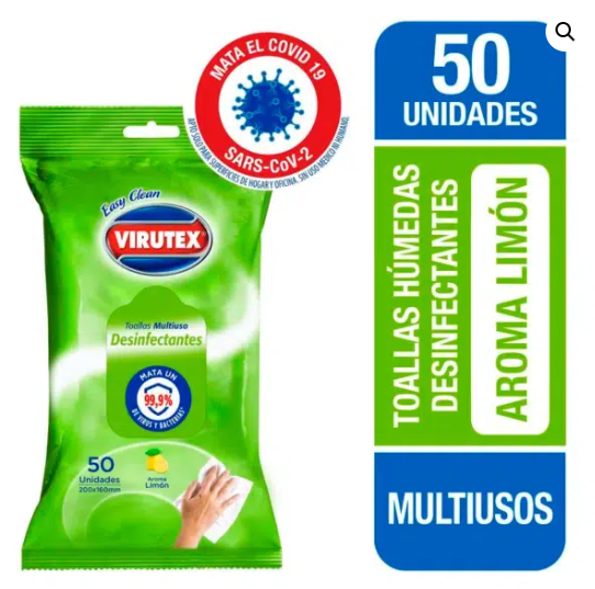 Toallitas Desinfectantes Multiuso Virutex – Aroma Limón x50 Unidades